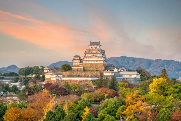 Himeji Castle in the autumn at sunset in Himeji, Japan