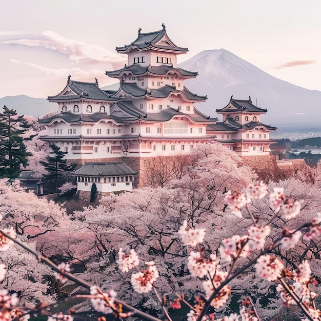 Himeji Castle and cherry blossoms full of Fuji