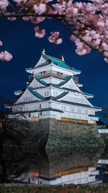 Photo himeji castle at night with cherry blossom in full bloom hyogo prefecture japan