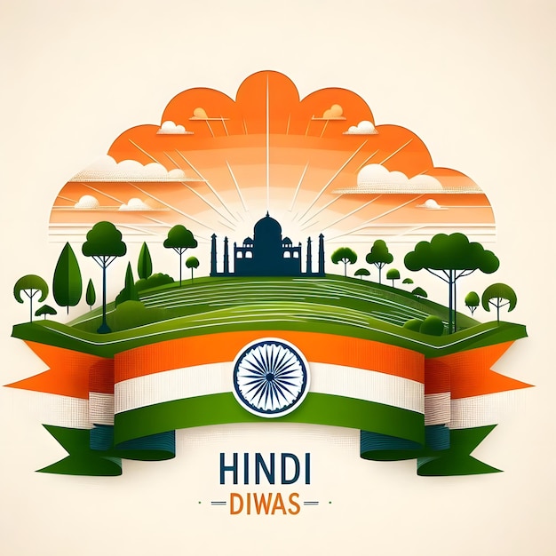 hindi diwas celebration poster with inidan flag in background