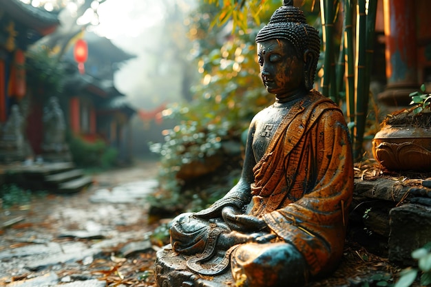 Hindu ancient religious buddha statue in dense tropical forest jungle