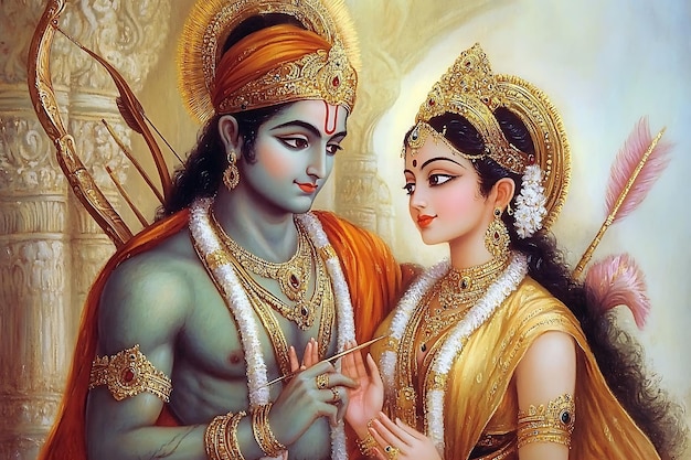 Photo hindu deities rama and sita in a loving embrace