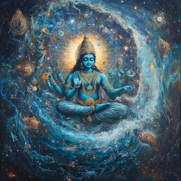 A Hindu deity with four arms sits in a lotus position surrounded by a swirling blue galaxy with stars and celestial objects