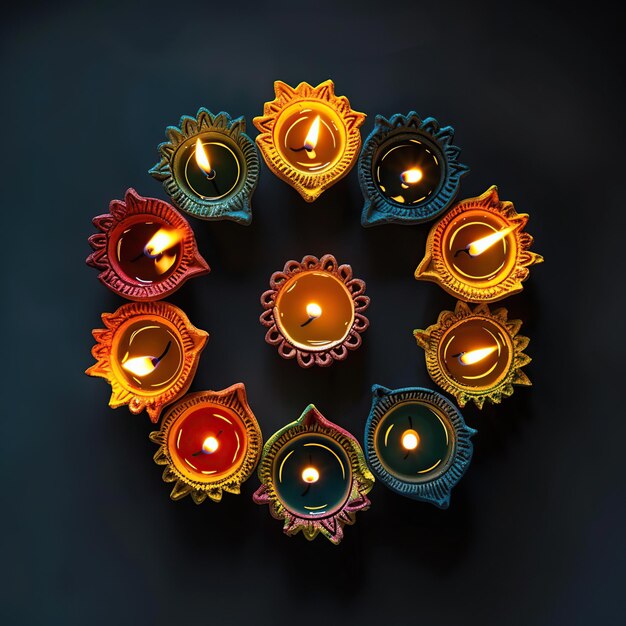 Photo hindu festival of lights celebration clay diya colorful illuminated in dipavali oil lamps