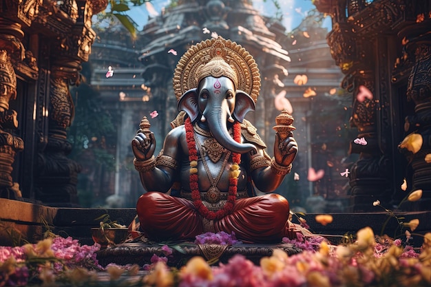 Hindu God Ganesha with flowers