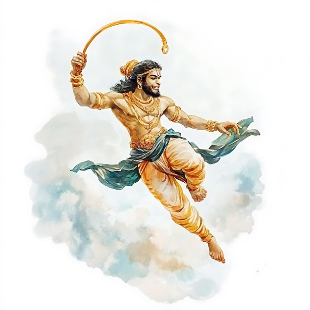 Photo hindu god hanuman flying through the clouds