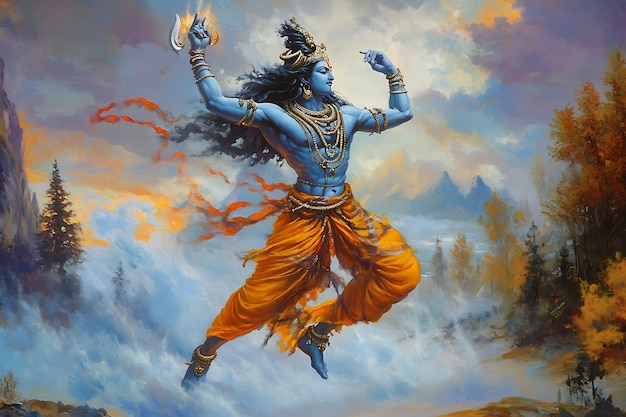 Hindu God Shiva in a Dramatic Pose Against a Misty Mountain Landscape