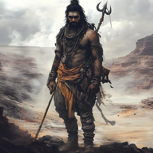 Hindu God Shiva Standing in a Desert Landscape with a Trishul