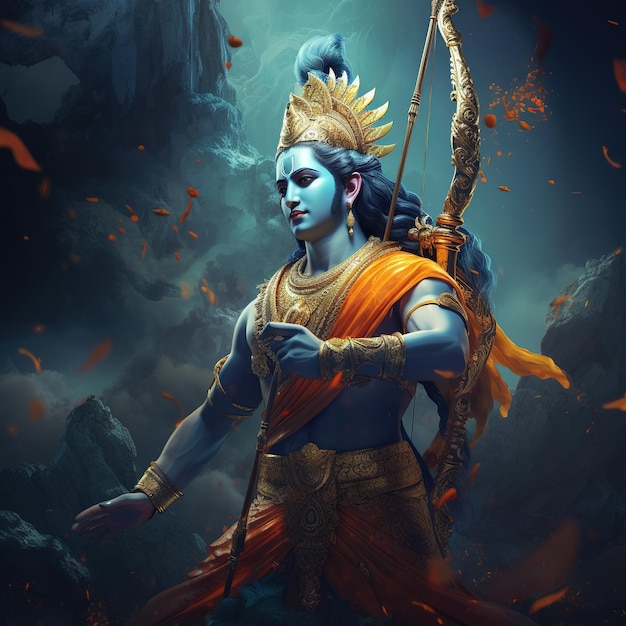 Hindu god Sri Rama with bow and arrows Shree Ram Navami or Dussehra celebration Generative Ai