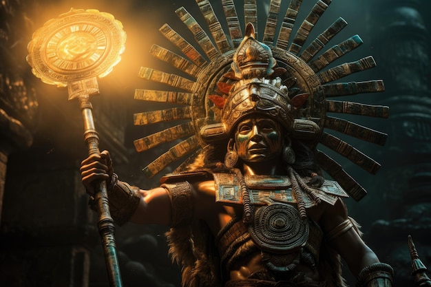 Hindu god statue in the ancient temple of Bali Indonesia Mayan deity Mayan depicted with a powerful ceremonial axe in one hand and a divine symbol in the other AI Generated