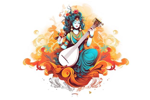 Hindu Godess Saraswati phone wallpaper vector style bright