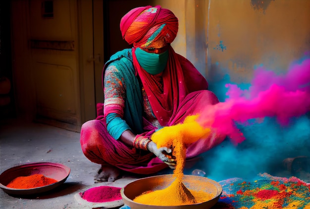 Hindu people with colorful starch powder in Holi festival or festival of colors Generative AI