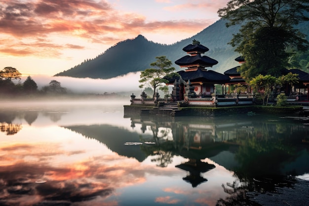 Hindu temple on the lake in the morning Bali Indonesia A beautiful view of Ulun Danu Batur temple in Bali Indonesia AI Generated