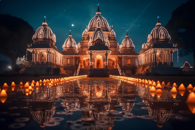 A hindu temple with beautiful lights and water generated by Ai