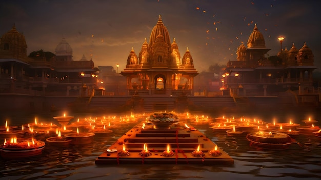 A hindu temple with beautiful lights and water generated by Ai