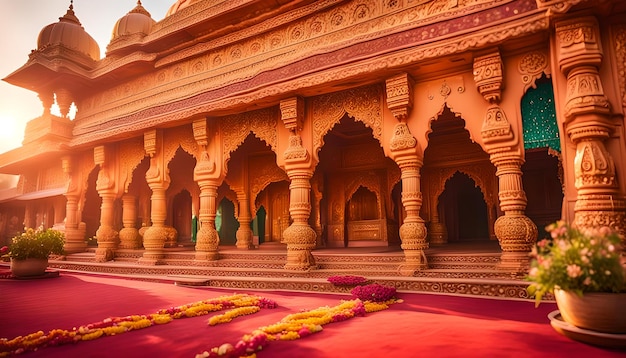 Photo hindu wedding hall with entrance decorations