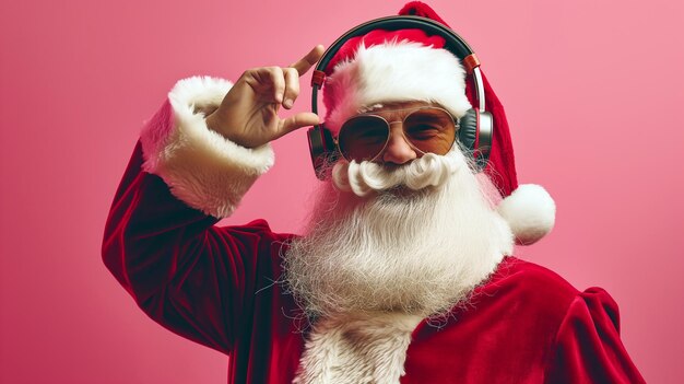 Hip and cool Santa Claus wearing sunglasses and headphones