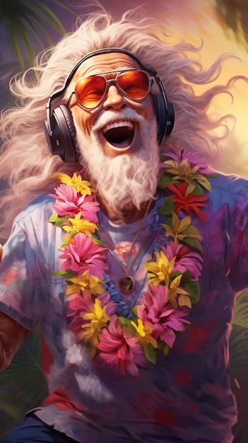 Hip elder jamming out vibrant lei energetic mood