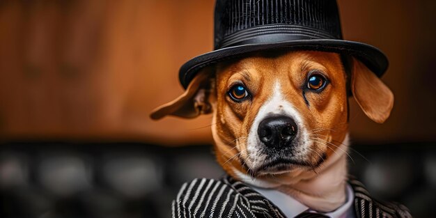 Photo hip hop dog in gangster outfit with comical pose and text space concept hip hop pet gangster costume comical pose text space urban vibes