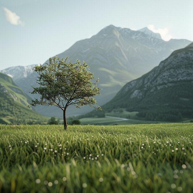 Photo hiper realistic image of a close up tree in the front standing in a green field with mountains in t