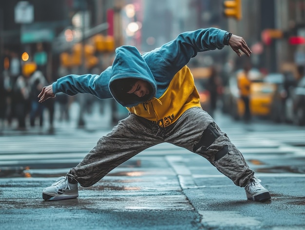 Photo hiphop dancer in hoodie breakdancing on street corner intense concentration urban vibe