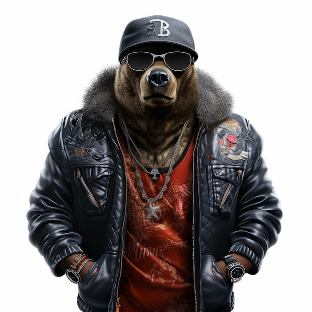 Hiphop Inspired Black Bear In Leather Jacket And Sunglasses