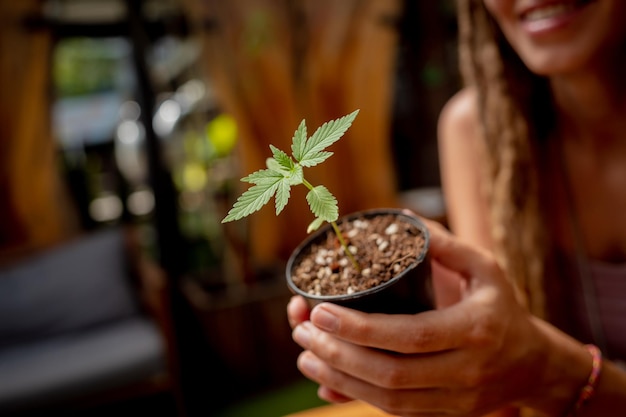 Hippie style woman growing medical marijuana bush