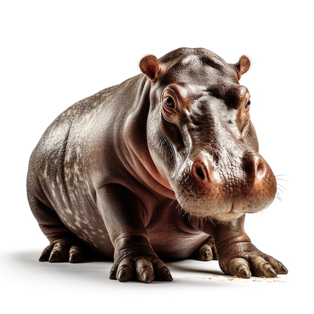 A hippo is sitting on the ground and looking at the camera.