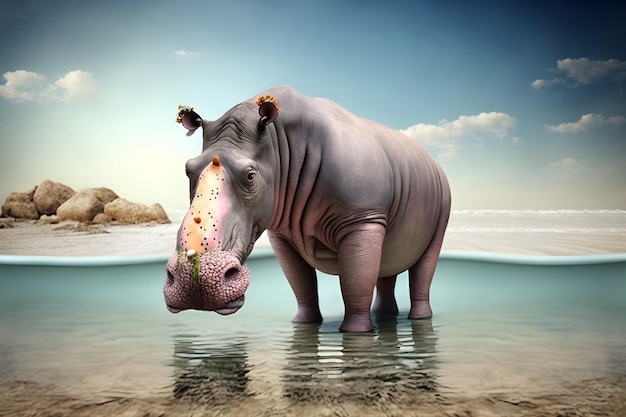 A hippo is standing in water and looks at the camera.