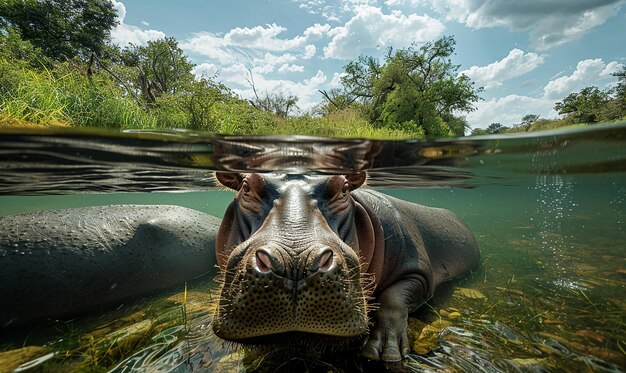 Photo a hippo is swimming in the water with the head down