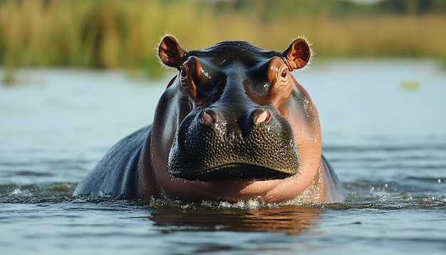 Photo a hippo is swimming in the water with its mouth open