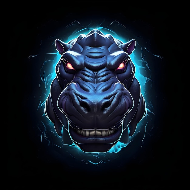 hippo logo gaming design neon outline detailed with curving textured