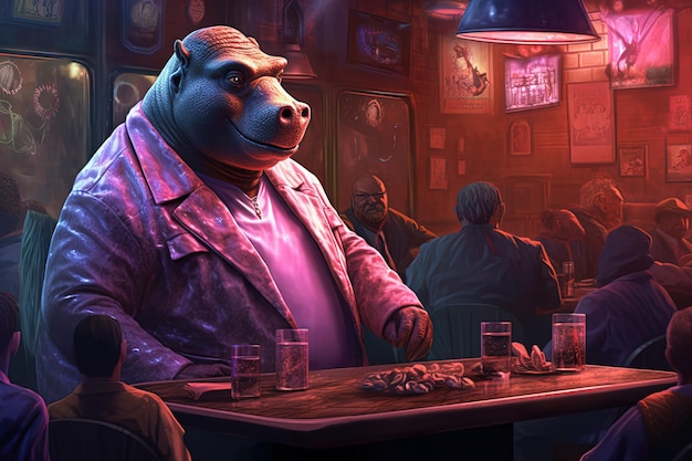 Hippo pink gangster in neon bar illustration generative ai