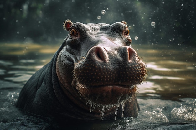 A hippo taking a bath in a river