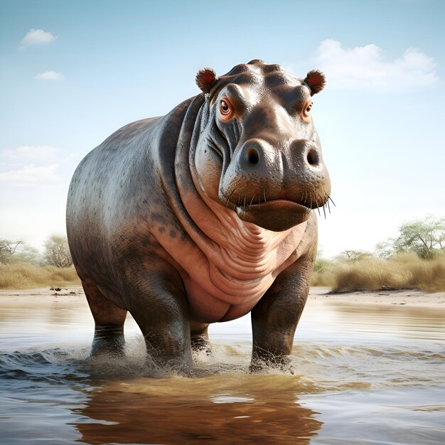 Hippo in the water 3D render Hippopotamus in water