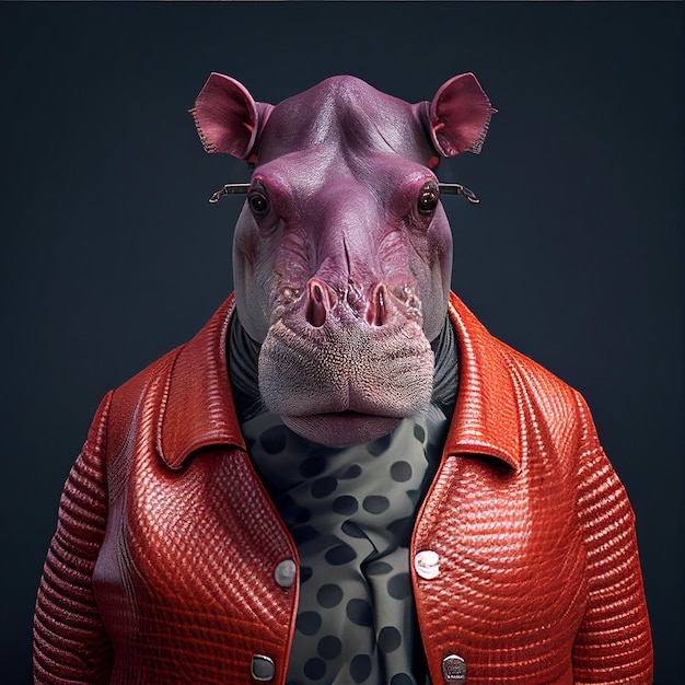 A hippo wearing a red jacket and a jacket that says hippo.