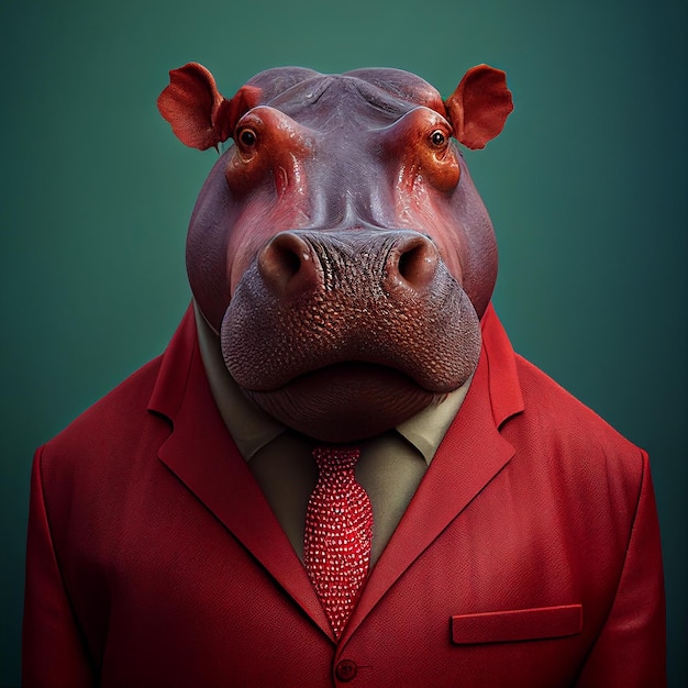 A hippo wearing a suit and a red shirt is wearing a red shirt and a red tie.