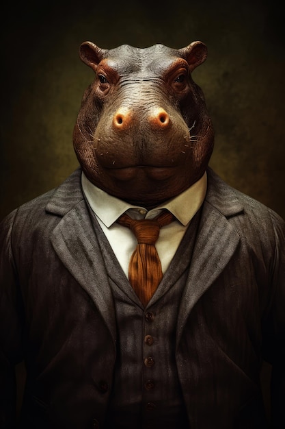 A hippo with a shirt and tie that says hippo.