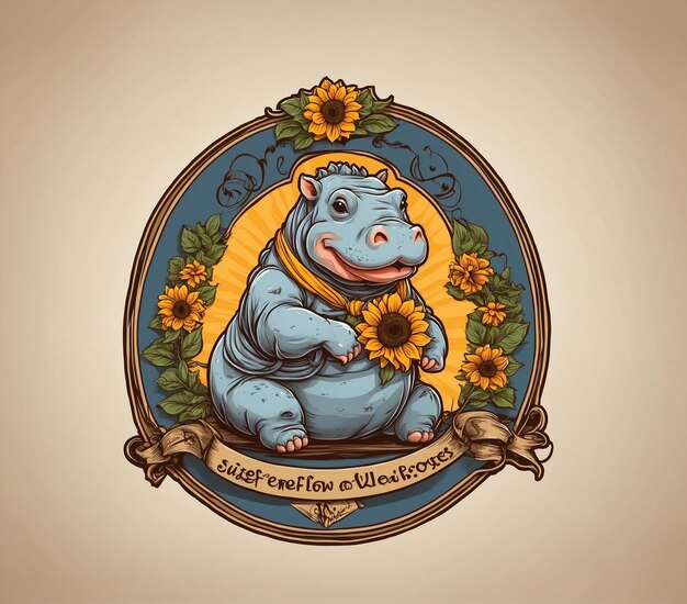 Hippo with sunflowers Vector illustration in retro style