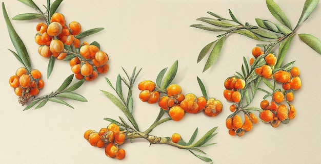 Hippophae rhamnoides (Sea buckthorn). Botanical illustration on white paper. The best medicine