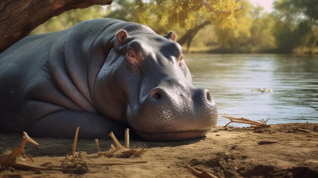 Hippopotamus animal laying down on under tree image Generative AI