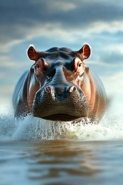 Photo hippopotamus charging through water at dusk with a vibrant sky background