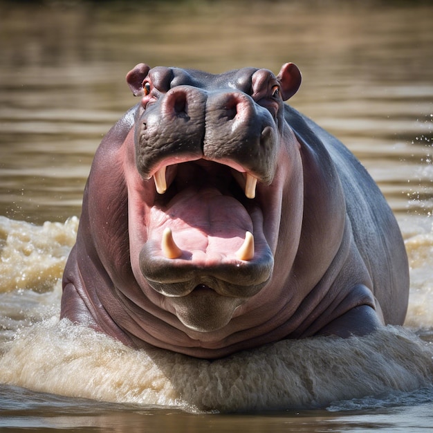 Hippopotamus displaying wide open mouth pose