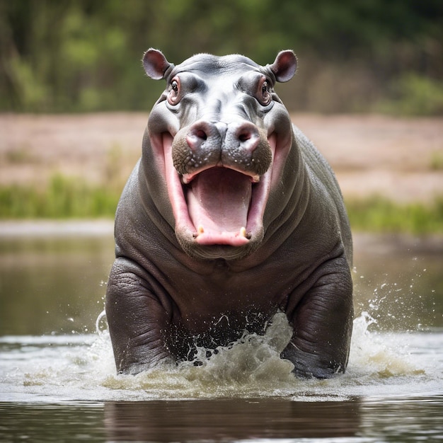 Hippopotamus displaying wide open mouth pose