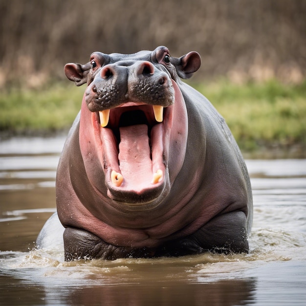 Hippopotamus displaying wide open mouth pose