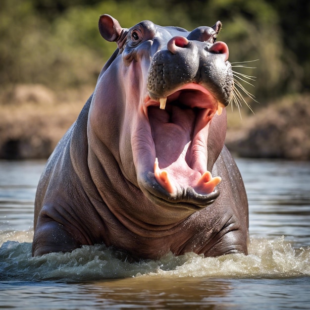 Photo hippopotamus displaying wide open mouth pose