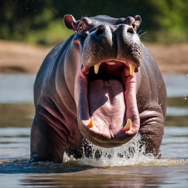 Hippopotamus displaying wide open mouth pose