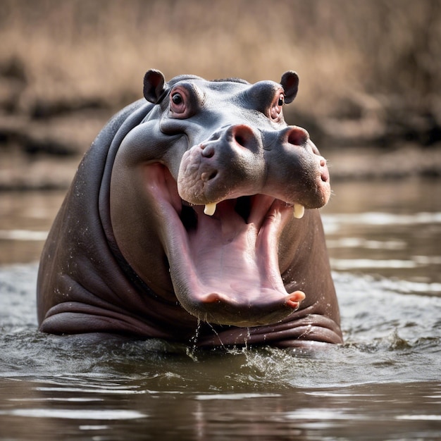 Hippopotamus displaying wide open mouth pose