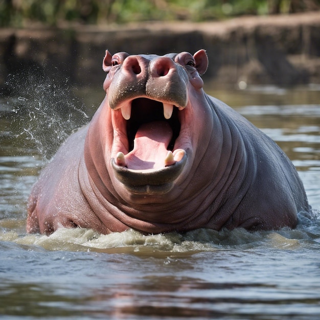 Hippopotamus displaying wide open mouth pose