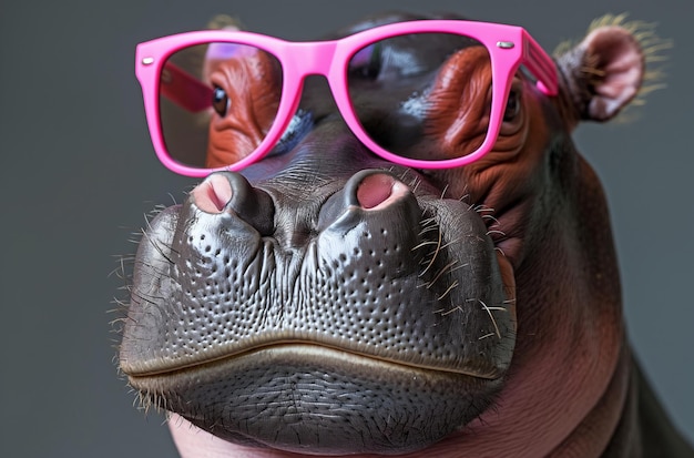 Photo hippopotamus dons pink glasses